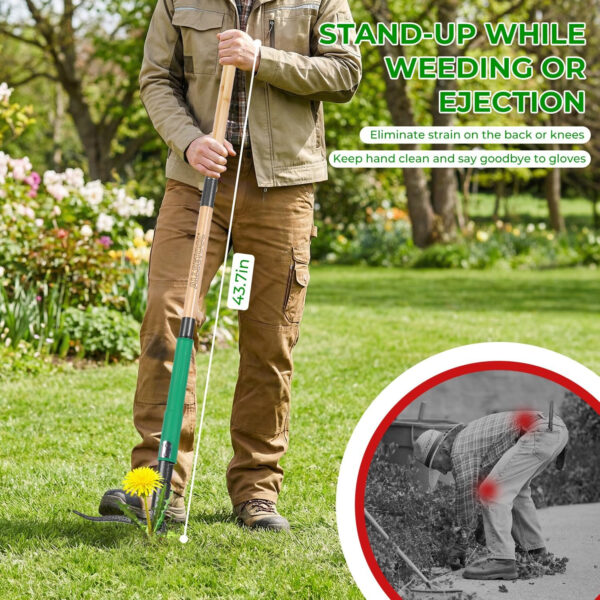 69ecdc88abbc1fbf84bd73c5cd0e5b474ac1c6d4656e38698a9ca.jpg Weed Puller Tool with 2 Weed Eject Feature, 43.7in Stand Up Dandelion Remover Tool, Real Bamboo Handle and Metal 4 Claw & Foot Pedal, Heavy Duty Garden Weeder