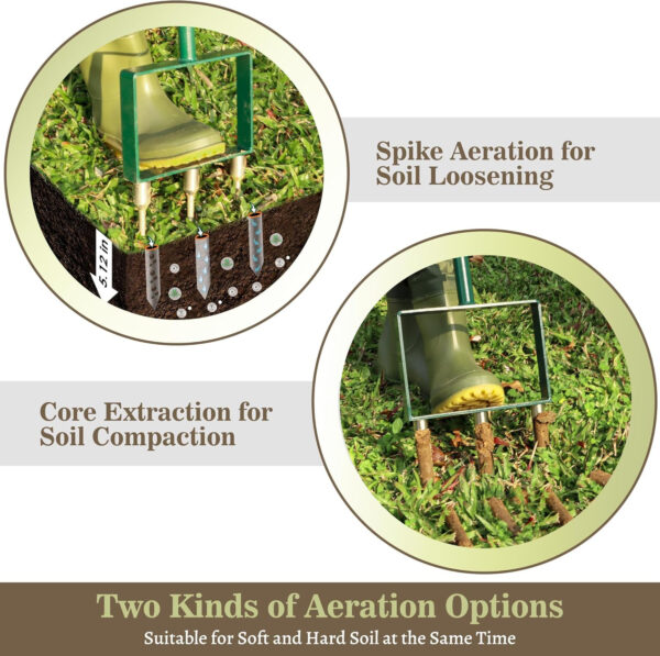 2-in-1 Manual Lawn Aerator Tool, Core Plug Aerator and Spike Aerator for Yard, 6 Replaceable Tines for Compacted Soil, Heavy Duty Garden Aeration Tool for Grass Roots Health & Lawn Care, Green