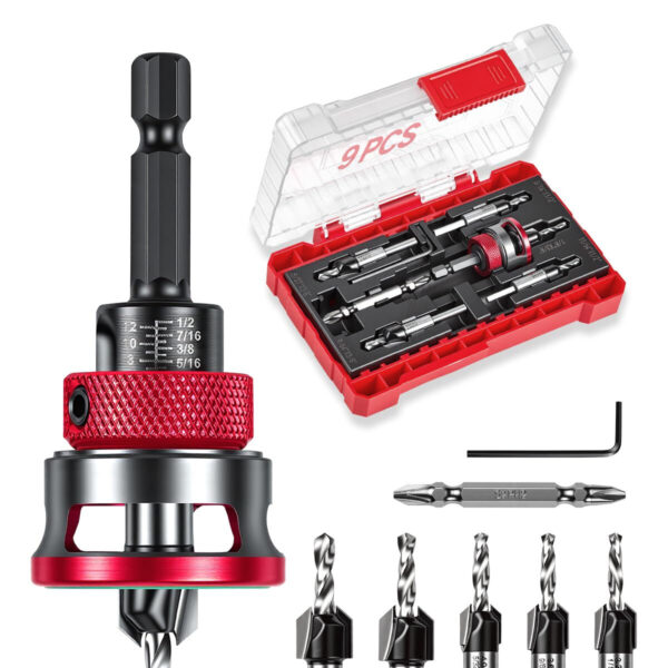 69ecddb590ee4f951b516dba6111c6b0f8dcaac6036b3495e7f36.jpg 9 PCS Countersink Drill Bits Set, 5PCS Two-Flute TCT Alloy Tapered Drill Bits and Adjustable Depth Stop Collar, Wood Countersink Bit with Wrench for 82 Degree Woodworking, Plywood and MDF DIY